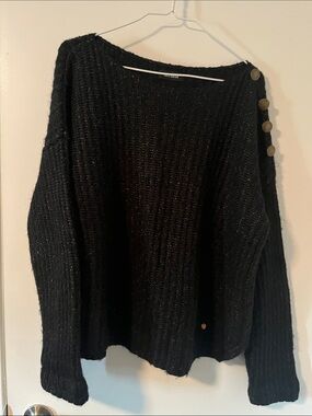 Black Knit Sweater with Shoulder Button Detail